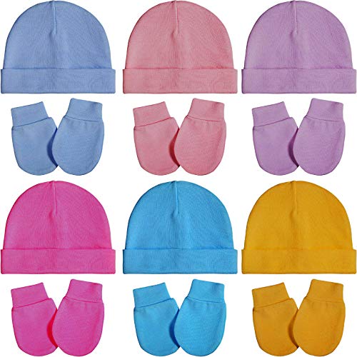 6 Sets Newborn Baby Hat and Mittens Unisex Cotton Caps and Scratch Mittens Set for Baby Boys and Girls Newborn Baby Beanies Caps and Mitten Set for Baby 0-6 Months (Fresh Colors)