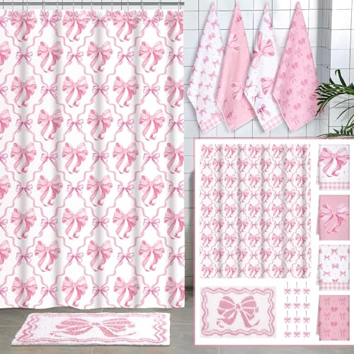 Fourluoo 18 Pcs Pink Bow Fabric Shower Curtain Set with 12 Decorative Shower Curtain Hooks Pink Bow Knot Bathroom Towels Coquette Non Slip Absorbent Microfiber Rug for Modern Aesthetic Bathroom