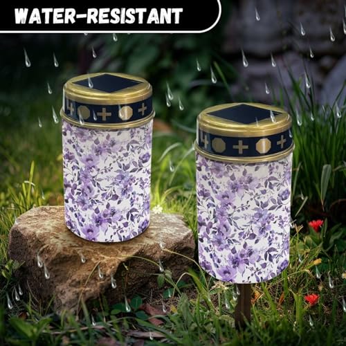 Image of Purple Floral Cemetery Solar Lights Water Resistant LED Flameless Candle Grave Lights Solar Powered Grave Decor Memorial Gift Outdoor Garden Decor Light for Prayer 2 Pcs