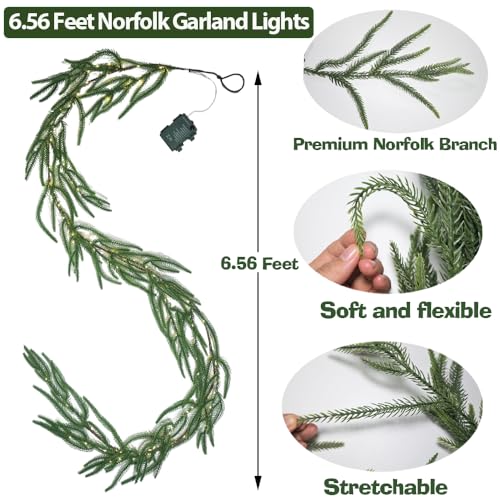 Image of 2025 New Christmas Norfolk Garland Lights 6.56FT Pine Garlands 96 LED 8 Flash Modes Battery Operated Xmas Garland Lights with Timer Lighted Christmas Decorations for Mantle Fireplace Door Home Holiday