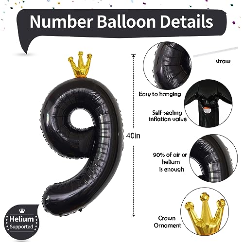 Image of Isndare 40 Inch Crown Black Number 9 Balloon, 1 Count, Perfect for Birthday Party Decorations, Unisex, All Ages