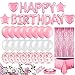 MOVINPE Pink Birthday Party Decoration, Happy Birthday Banner, Rose Gold Fringe Curtain, Foil Tablecloth, Heart Star Foil Confetti Balloons, 10g Table Confetti for Women Girl Birthday Party