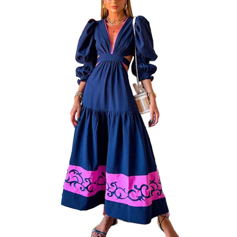 QUECY® Women's Vintage A-line Long Maxi Dress Elegant V-Neck Puff-Sleeve Swing Navy Blue Big Hem Dress-image-3