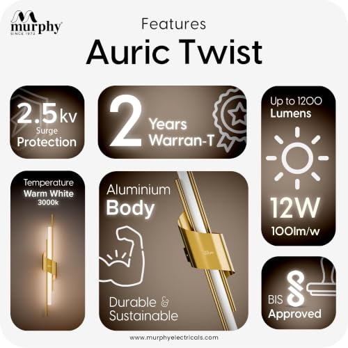 Image of Murphy Auric Twist 12W Decorative LED Wall Lamp | Warm White Wall Light | Premium Gold Finish | Modern Wall Sconce for Living Room, Bedroom & Hallway | 2 Year Warranty | Pack of 5