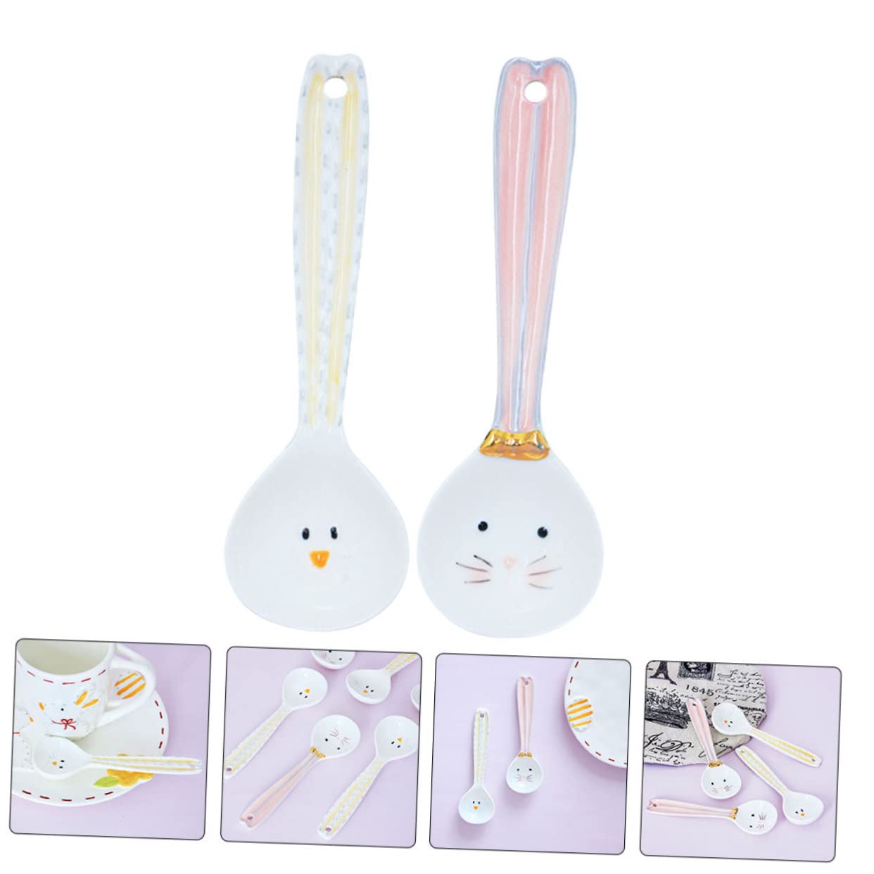 TOPBATHY 4piezas Cucharas De Cerámica Para Café y Diseño De Conejo Utensilios Prácticos Para Bebidas y Postres Adecuadas Para Familiar y Restaurantes