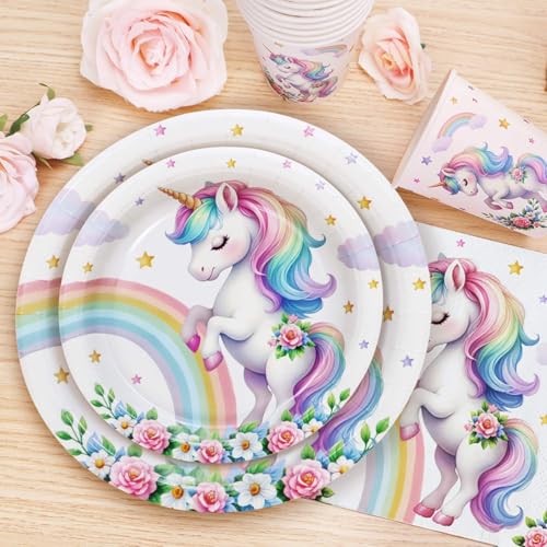 Unicorn Party Decorations Paper Plates for 25 Guests - 100Pcs Unicorn Birthday Party Plates Cups and Napkins for Girls, Unicorns Decorations Supplies