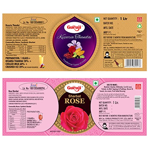 Image of SHREE Guruji Kesaria Thandai & Rose Sharbat Combo Pack Milk Beverage Refreshing Drink For Summer Dry Fruit Syrup Instant Refreshing Drink (1 Litre), Liquid
