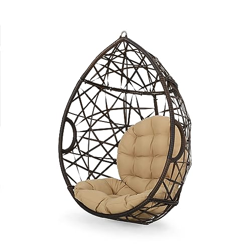 Image of Christopher Knight Home Isaiah Indoor /Outdoor Wicker Tear Drop Hanging Chair (Stand Not Included), Multi-Brown and Tan