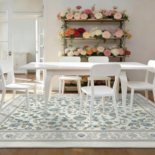 Tapis style bohème lavable machine 120x180 moquette antidérapante fleurs blanche