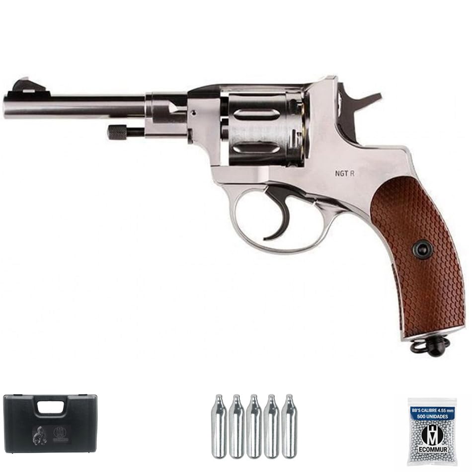 Revólver Gletcher Nagant Silver CO2 (4,5mm) | Pack Pistola de balines (perdigones Bolas de Acero BB's). Arma de Aire comprimido CO2 Calibre 4,5mm [2.1 Julios]
