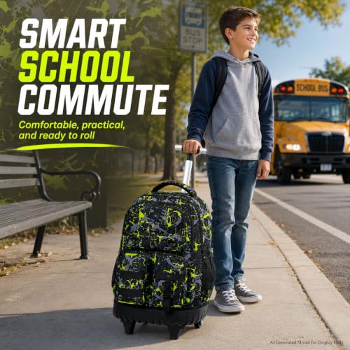 Image of CCJPX 3Pcs Rolling Backpack for Boys, Roller Wheeled School Bookbag, Graffiti Wheels Backpacks with Lunch Box for Kids (Green)