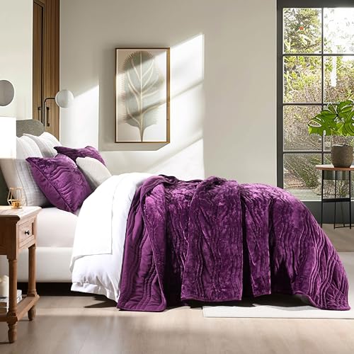 Image of Velvet Quilt, Purple King Size Comforter Set, Luxury Bedding,Soft Plush King Bedspread, Machine Washable Coverlet,All-Season 3 Pieces