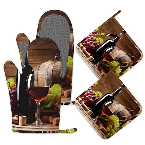 Vintage Glasses Wine Grapes Oven Mitts and Pot Holders Set of 4,Heat Resistant Non Slip Kitchen Gloves Hot Pads,Chef Cooking Baking Gifts for Women Bakers,Kitchen for Cooking Lover Cooks