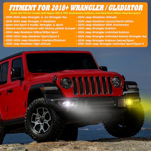 Image of 4 Inch Round LED Fog Lights for 2018-2025 Jeep Wrangler JL JLU & Jeep Gladiator JT, 60W White Amber Fog Lamps with 2 Pair Mounting Brackets, Front Bumper Off-road Fog Light for Jeep Accessories