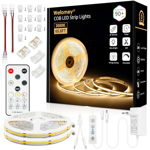 Wefomey 20M Ruban LED COB, Blanc Chaud 3000K Flexible Dimmable 24V avec Telecommande et Alimentation, CRI90, Largeur 8mm, 324 LEDs/M, Ruban LED Blanc Chaud pour Maison Chambre Miroir Décorer