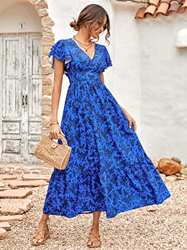 Solersun Women's Summer Casual Dress V Neck Ruffle Sleeve Floral Printed High Waist Beach Long Maxi Sundresses(Blue,Xl) #TOP3