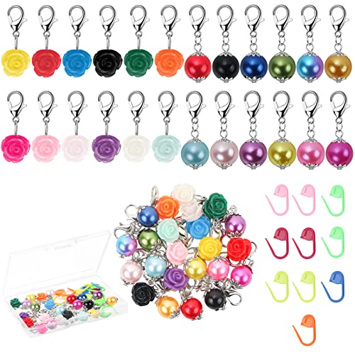 Stitch Markers Clasp, BENBO 24 Pcs Stitch Markers for Knitting Crochet Rose Acrylic Beads Removable Clasp Locking Charms and 10 Pcs Crochet Markers with Box for Weaving Sewing Quilting Jewelry DIY