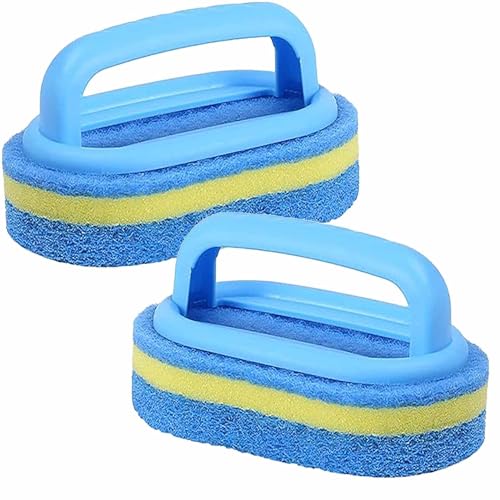 2 cepillos de esponja de limpieza de baño con mango de plástico, estropajo multifunción para azulejos de cocina, bañera e inodoro, diseño duradero, color azul