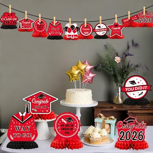 Image of Graduation Decorations 2026, 10PCS Graduation Centerpieces for Table Red Black Graduation Party Decorations Class of 2026 Congrats Grad Honeycomb Centerpieces Table Decor for Graduation Party Supplies