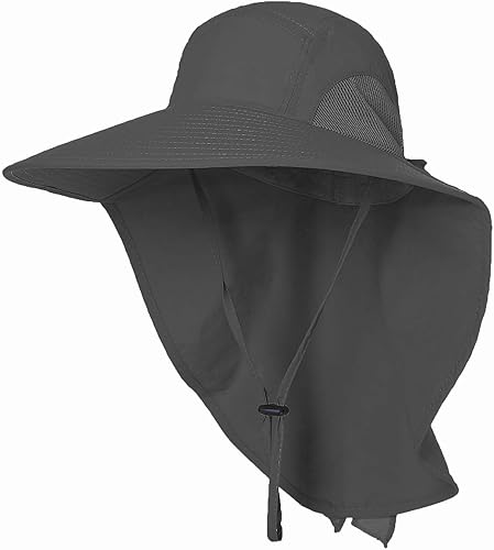 UPF 50+ Sun Protection Hat for Men and Women, Wide Brim Outdoor Beach Fishing Cap with Neck Flap, Breathable Mesh, Windproof