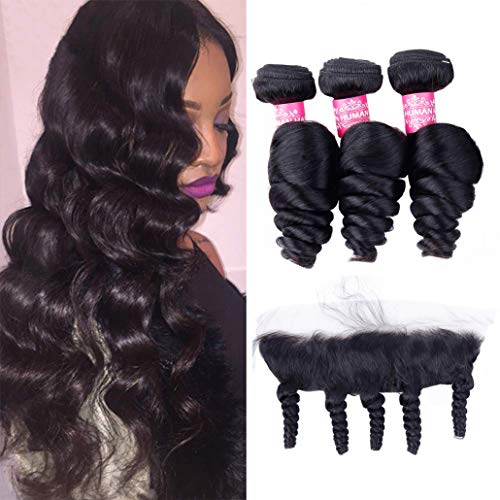 8A Peruvian Human Hair Bundles with Frontal Loose Wave Deals 22"24"26" + 18" 100% Unprocessed Peruvian Loose Wave Human Hair 3 Bundles with 13x4 Lace Frontal Virgin Hair Extensions Natural Color