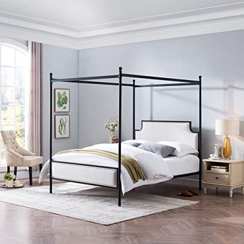 Christopher Knight Home Asa Queen Size Iron Canopy Bed Frame With Upholstered Studded Headboard, Beige And Flat Black #TOP1