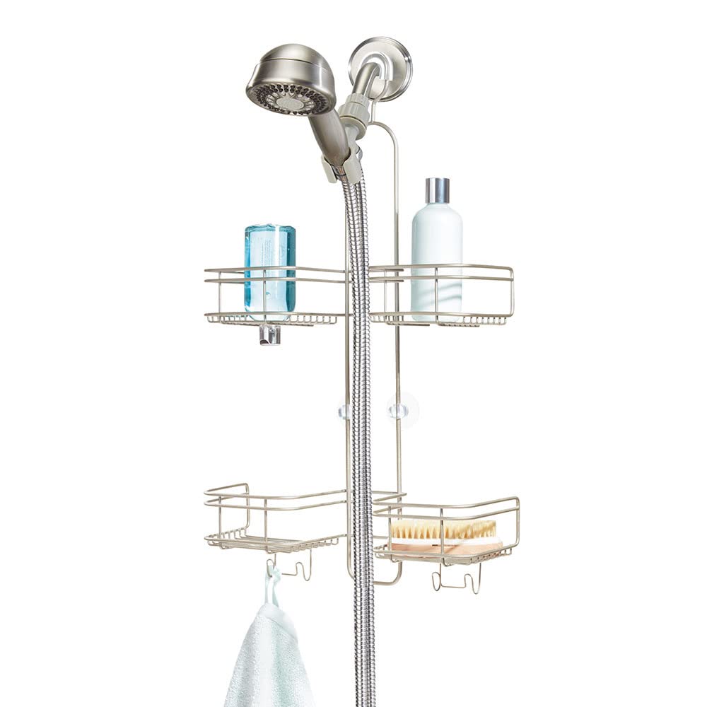 iDesign Estantería sin Taladro, Organizador de Metal con 4 cestas de almacenaje y Dos Ganchos Dobles, Organizador Colgante para champú, Gel y Accesorios de baño, Plateado Mate