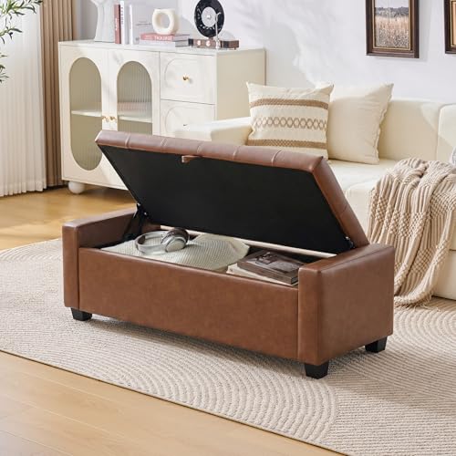 Image of Huatean Home 48 inch Ottoman with Storage, Storage Ottoman Bench with Safety Hinge, Upholstered Entryway Bench with Seating for Bedroom, Living Room, Holds up to 330 lb, Brown