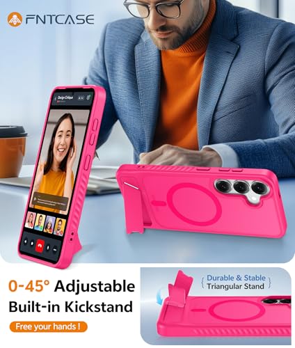 Image of FNTCASE for Samsung Galaxy S25-Plus Case: [Magnetic Stand] [Compatible with Magsafe] Translucent Matte Military Grade Shockproof Drop Rugged Protective Phone Cover, Hot Pink
