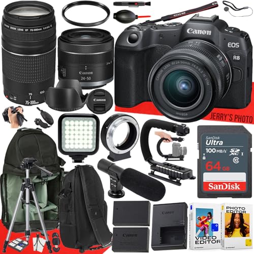 Canon EOS R8 Mirrorless Camera with RF 24-50mm f/4.5-6.3 is STM and EF 75-300mm f/4-5.6 III Lens + 64 GB Memory + Video LED Light + Mic + Mount Adapter for Canon R + More (31pc Bundle) (Renewed)