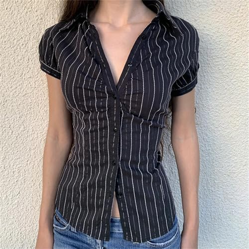 Y2k Girls Vintage Coquette Button Down Shirt Women Short Sleeve V-Neck Slim Fitted T-Shirt Cute Blouse Crop Top2