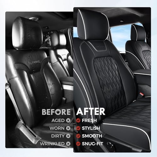 Image of Coverado Premium Leather Front Seat Covers Waterproof Heavy-Duty Protectors Custom Fit for Ford F150 (2015-2026) F250 /F350 /F450 (2017-2026)-Black w /White Stitching, Wear-Resistant