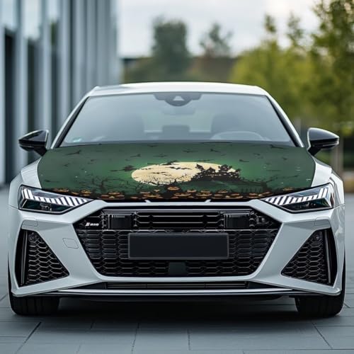 Image of Green Spooky Witch Castle Print Car Hood Cover Protector 59x39 Inch Stretchable Auto Hood Wraps Waterproof Halloween Automotive Exterior Accessories for Most SUV Sedans Trucks