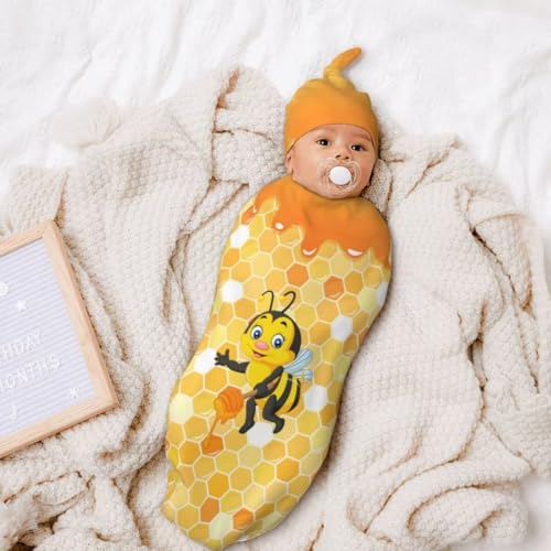 Image of Cute Bee Newborn Swaddling Blanket Beanie Hat Sets Soft Baby Receiving Funny Bees Blanket Soft Sleeping Bag New Born Soft Sleep Sacks for Boys Girls