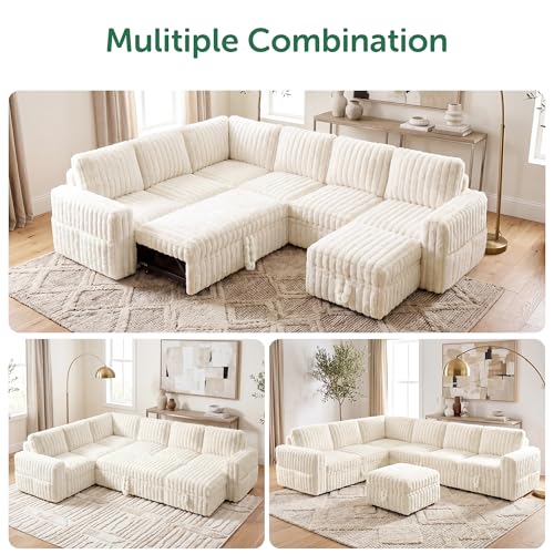 Image of HONBAY Plush Corduroy Modular Sectional Sofa with Pull Out Bed, Convertible U Shaped Couch with Storage,Sleeper Sectional Couches for Living Room,Plush Beige