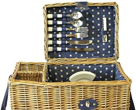 4 Person Picnic Basket Wicker with Shoulder Straps and Bottle Holder with a Blue lining and White star design - Gift ideas for Birthday, Anniversary & Congratulations presents
