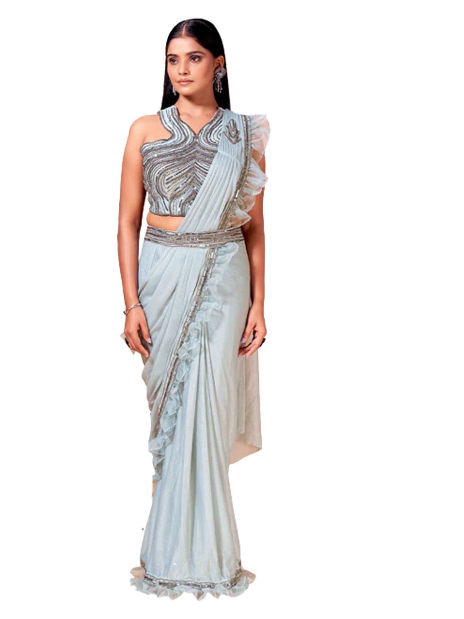 ETHNIC EMPORIUM Indian Imported Beaded Blouse One minute saree Ready to wear waist belt frill sari 7628
