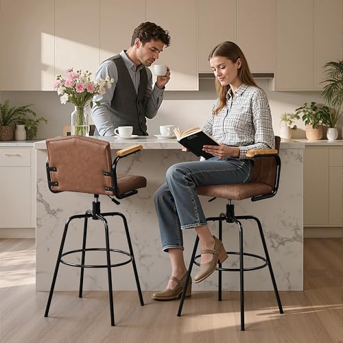 Butacos regulables giratorios VECELO, juego de 2, sillas de bar tapizadas en cuero sintético con respaldo y reposabrazos, estilo moderno con estructura de 4 patas para isla de cocina y bar miniatura 5