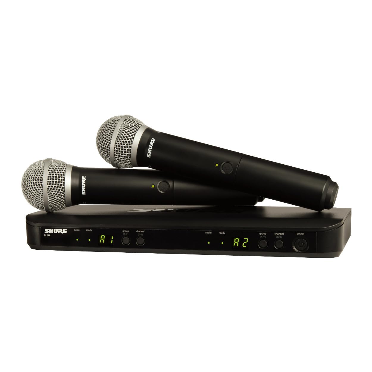 Shure BLX288/PG58 Wireless Microphone System - 14-Hour Battery Life, 300 ft Range, UHF | Includes (2) PG58 Handheld Vocal Mics, Dual Channel Receiver | J11 Band (BLX288/PG58-J11)