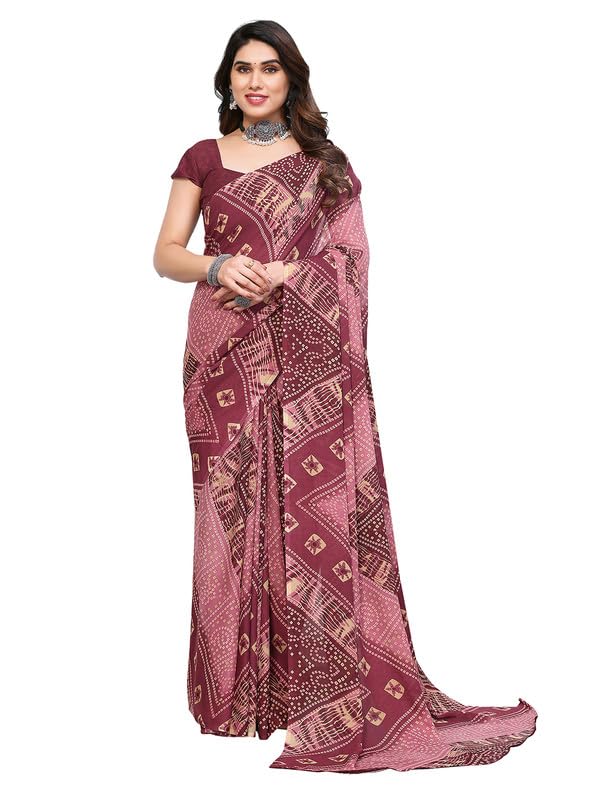 SIRILWomen's Georgette Bandhani Printed Saree with Blouse, Dusty Pink, One Size