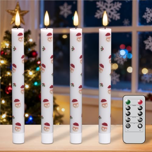 Image of Christmas Flameless Taper Candles with Remote Timer, 4 Pack LED Flickering Candlestick, 9.65 Inch Battery Operated Real Wax Candles with Santa Claus Prints for Christmas Decorations
