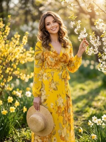 Image of Women Plus Size Long Sleeve V Neck Maxi Dress with Belt | Soft fabric relaxed fit three quarter sleeve v neck with pockets for party and daily wear