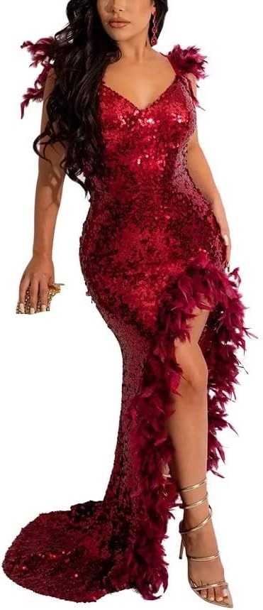 AlexQueen Women's Sexy Spaghetti Strap V Neck Mesh See Through Bodycon Sequin Gown Evening Dress with Slit - Image 3