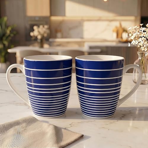 Image of UPC Milk Mug Set of 2 | Navy Blue White Horizontal Stripe Printed Bone China Coffee Tea Milk Mug | Gift for Home Kitchen & Office