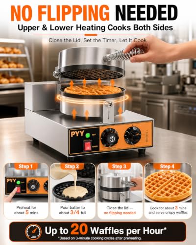 Image of PYY Commercial Waffle Maker - 20Pcs /H Round Belgian Waffle Iron, Non-Stick Stainless Steel Waffle Baker Machine with Temp & Timer Control, for Home Kitchen, Restaurant, Snack Bar 1300W