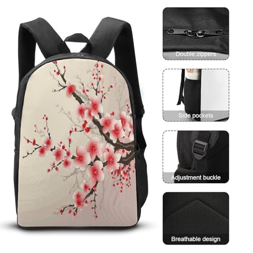 Printed Backpack With Lunch Pack Storage Box Case Japanese Floral Cherry Blossom 3pcs Lightweight Travel Backpack3