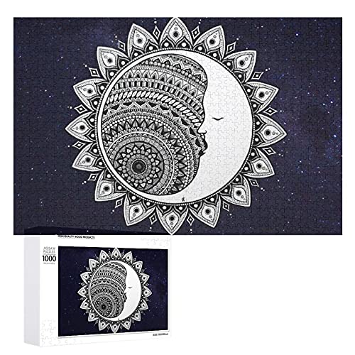Houten puzzel 1000 PCS voor volwassenen en kinderen, maan mandala zwart wit mystic trippy blauwe sterrennacht moeilijke… - Image 3