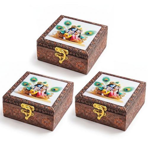 Image of Radha Krishna Wooden Jewellery Box | Handcrafted Decorative Storage Organizer | Traditional, Multipurpose Keepsake Box for Rings, Earrings & Small Accessories | White, Pack of 3