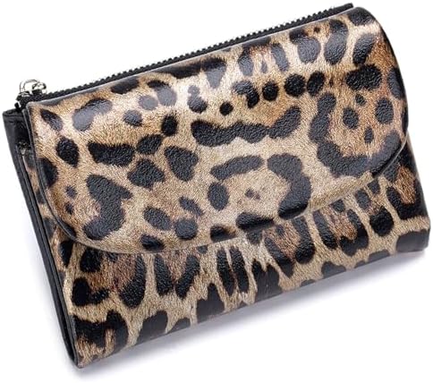 Leopard Print Trifold Wallet for Women, Genuine Leather Compact P...