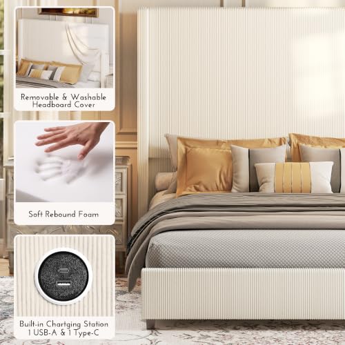 Ihanherry Queen Size 65" Tall Headboard Bed Frame with Charging Station, Upholstered Wingback Headboard with Washable Corduroy Cover, Noise Free, Solid Wood Slats & Legs, No Box Spring Needed, Beige - image 5